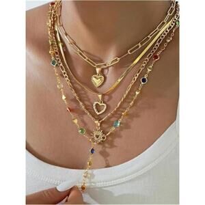 4 PCS Gold Layered Necklaces for Women Multicolor Stone Crystal Round Necklace